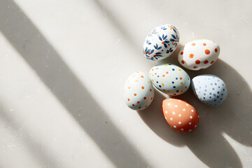 Colorful hand-painted eggs placed on a light surface with shadows in a bright indoor setting during spring