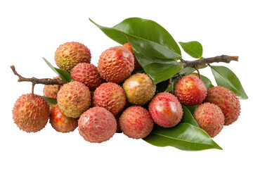 Pile of lychees with bumpy skin and bright green leaves