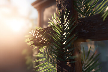 Light shines through leaves on a wooden cross during early morning hours in a serene outdoor setting