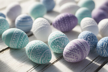 Colorful decorated eggs are arranged on a white wooden surface for a spring celebration or holiday event in a well-lit setting