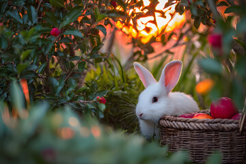 A white rabbit resting beside a basket of apples in a garden during sunset with trees and plants around