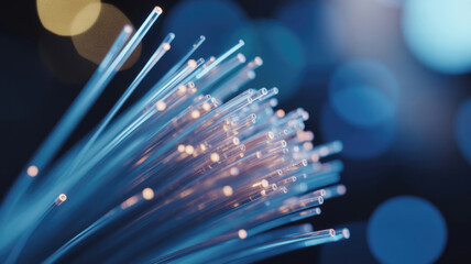 Macro view of fiber optic cable ends glowing with warm light against blue bokeh background for technology use