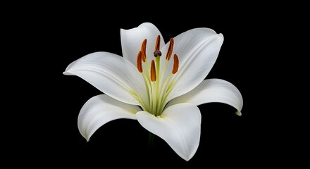 Fototapeta premium White Lily Flower with Orange Anthers Against Black Background