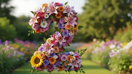 Colorful Number 2 Made of Vibrant Summer Flowers: Roses, Lilies, and Sunflowers in a Lush Park Setting, ideal for Second Birthday, Anniversary, or Wedding Date Design Element