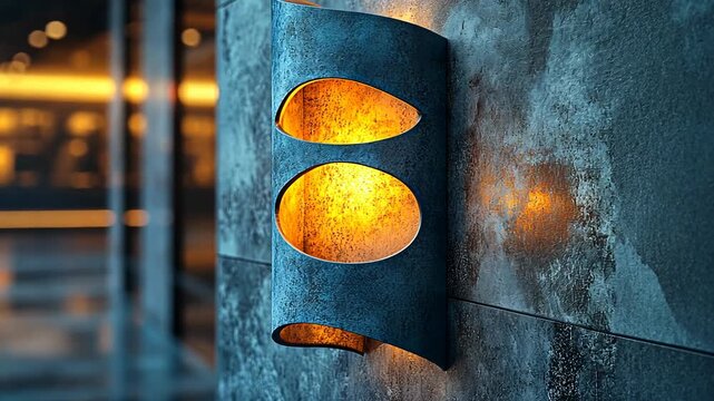Close-up of a modern outdoor wall sconce with a warm orange glow, creating a moody atmosphere.