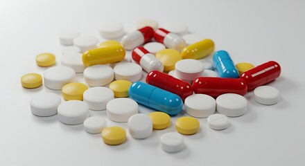 Assorted colorful pills and capsules scattered on a white background