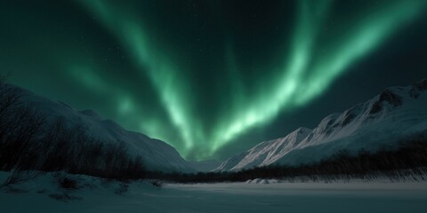 Stunning aurora borealis over snowy mountain landscape at night