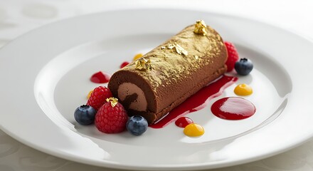 Chocolate Roll Cake with Berries and Gold Leaf on White Plate