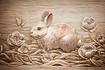 Wood carving showing a rabbit among flowers with detailed lines