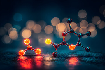 Molecular structures glowing in dark background with colorful lights at night