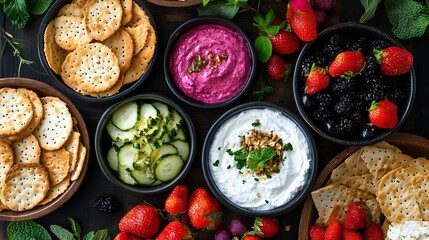 A vibrant spread of crackers, dips, and fresh fruits on a dark wooden table, perfect for a healthy snack or party appetizer