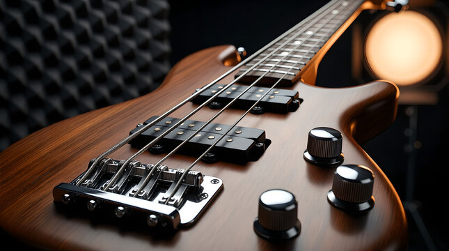 Close-up detail of a wooden bass guitar with studio lighting