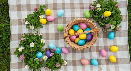 Colorful Easter Eggs in Basket with Flowers on Checkered Blanket