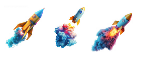Three colorful cartoon rockets launching with bright flame trails perfect for graphic design on transparent background
