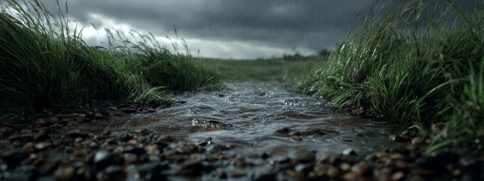 Heavy Rainfall Causes Ditch Overflow and Muddy Conditions in Countryside Landscape