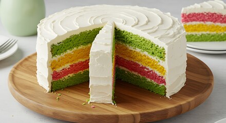 Colorful Layered Cake with White Frosting on Wooden Board