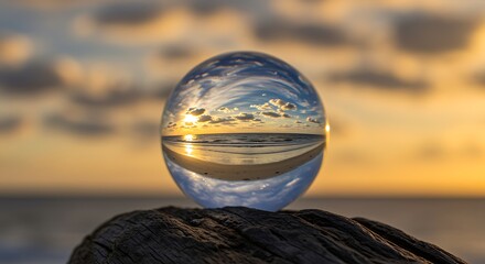 Crystal ball reflecting beach sunset on driftwood reflection