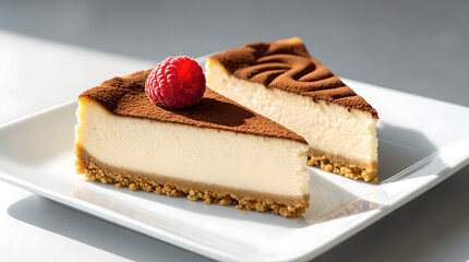 Two decadent slices of chocolate-dusted cheesecake with fresh raspberry topping on a white plate.
