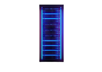 Blue-lit server rack on black, data storage and processing