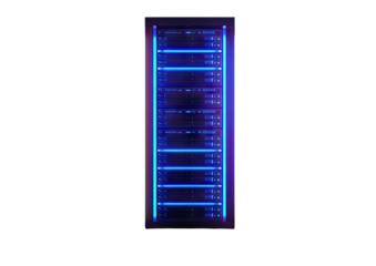 Blue-lit server rack on black, data storage and processing