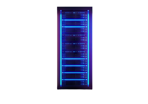 Blue-lit server rack on black, data storage and processing - Powered by Adobe