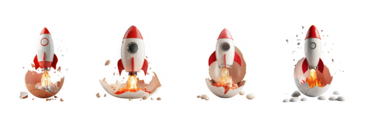 A series of cartoon rockets emerging from cracked eggs showcasing a launch sequence on transparent background