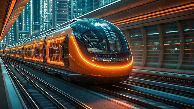Low angle static shot: A futuristic train speeds through a tunnel in a vibrant cityscape at night.