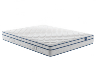 Comfortable white mattress with blue accents isolated on transparent background