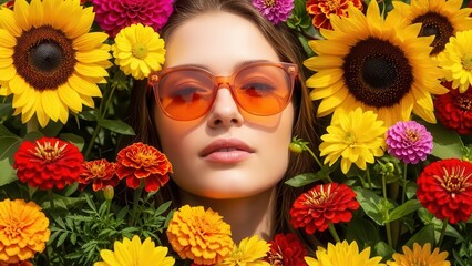 Young woman with stylish orange sunglasses surrounded by an array of colorful summer flowers