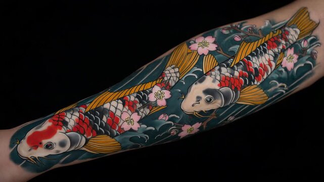 438Japanese-style tattoo artistry, tattoo artist showcasing forearm with vibrant koi fish and cherry blossom design, detailed textures, professional studio lighting emphasizing rich c