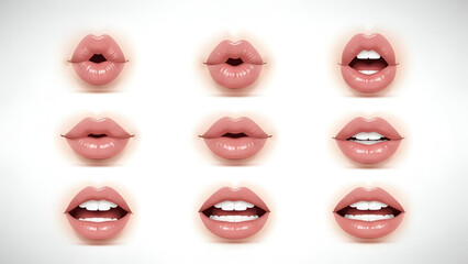 Fototapeta premium Nine pairs of glossy lips in various expressions and poses on a clean white