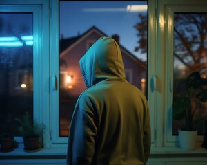 Man in Hoodie Looking Outside at Night