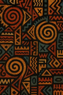 Traditional ethnic motifs with spirals and geometric shapes.