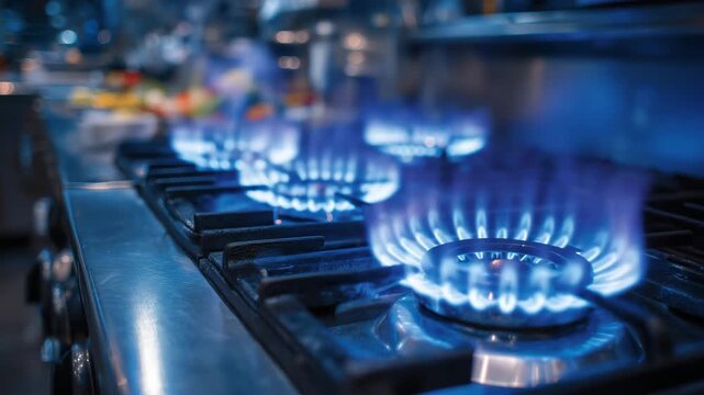 449Active burners on stainless steel stove, close-up showing vibrant blue flames, polished metallic reflections, modern kitchen ambiance, sharp focus on heat and flame patterns