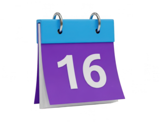 A calendar page displaying the number 16 with blue and purple colors isolated on transparent background