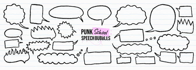 Black crayon speech bubbles set. Punk school cloud message shapes. Doodle sketch rounded, rectangular, flame forms. Funky text boxes for emphasis. Comic dialog talk balloons with freehand pen texture.