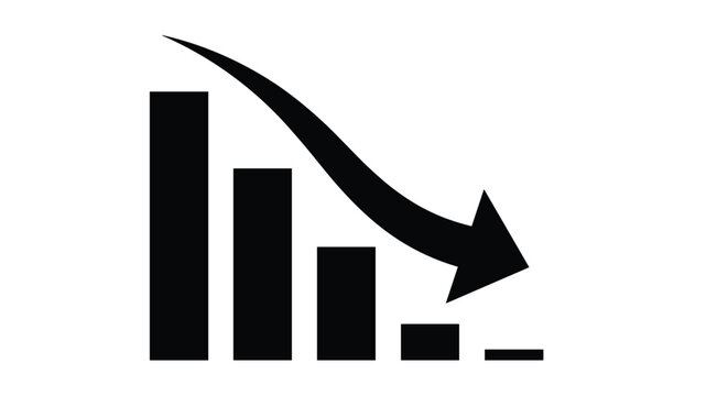 Business statistics icon showing a significant decrease in profit with black bar charts and a descending arrow on white background.