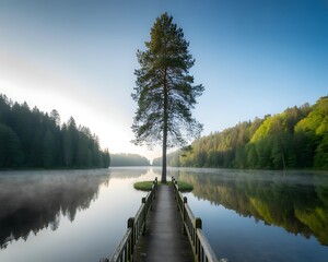 Lone Tree on Wooden Pier at Misty Lake