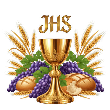 Golden chalice with bread and grapes isolated on transparent background