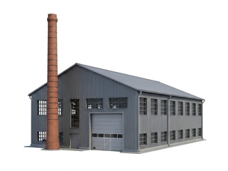 Industrial warehouse with tall chimney and multiple windows isolated on transparent background
