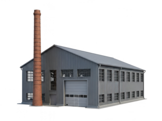 Industrial warehouse with tall chimney and multiple windows isolated on transparent background