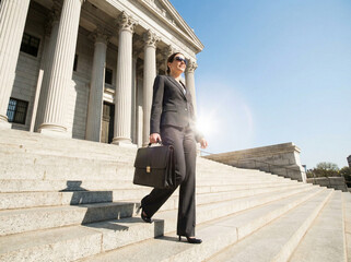 Confident female lawyer in a suit walking down courthouse steps with a briefcase on a sunny day, representing legal success, justice, and career power.