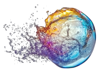 Spherical liquid burst with rainbow colors on black