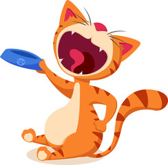 Cat asks for food and holds an empty bowl on a white background. Character