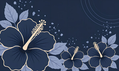 Serene dark blue hibiscus flowers with soft leaves creating an elegant botanical background design.