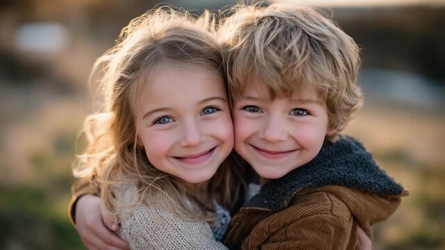 467Siblings sharing a warm hug in the park, golden light illuminating joyful faces, soft shadows on grass, concept of love, friendship, and carefree childhood