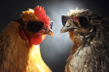 Two chickens wearing sunglasses pose together in a dark setting with a soft spotlight illuminating their features