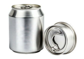 Two silver beverage cans, one upright, one on its side