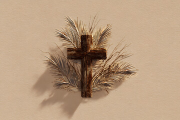 Cross made of wood with palm leaves arranged on a plain background for decorative use