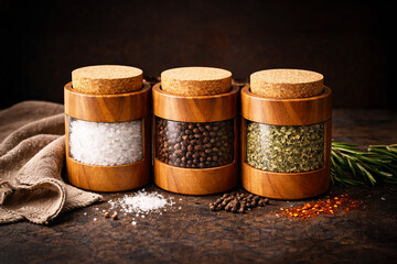 Wooden spice jars filled with coarse sea salt, whole black peppercorns and dried oregano on a rustic kitchen table. Cozy culinary setup with herbs and linen napkin. Perfect for cooking, recipe and foo